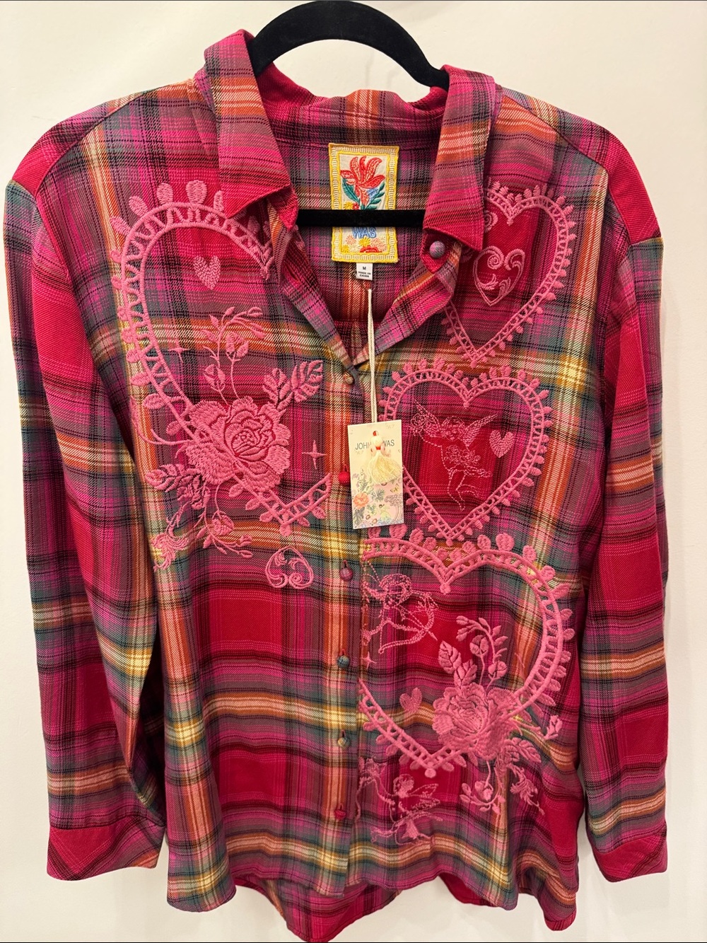 Johnny Was Pink Plaid Button-Up Shirt with Embroidered Hearts